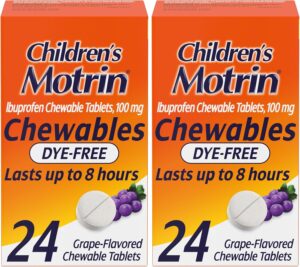 Motrin Children's Dye-Free Chewable Tablets with Ibuprofen, Kids' Fever Reducer & Pain Reliever for Sore Throat, Fever, Toothache & Pain Relief, Grape Flavor, 24 Count (Pack of 2)